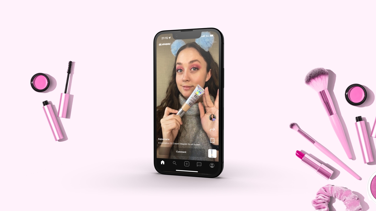 Glamanic app screens showing beauty product reviews and video tutorials