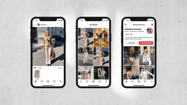 Kleda iOS app interface showing fashion outfits and shopping features