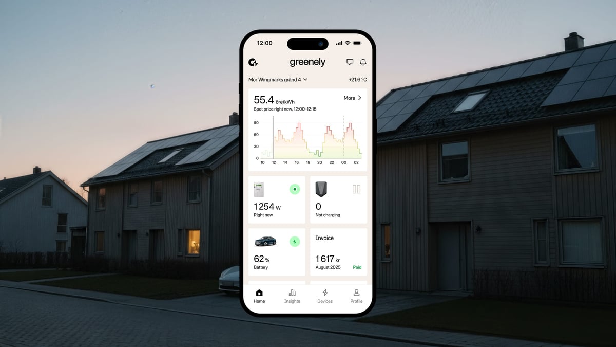Greenely app showing energy optimization and 15-minute pricing