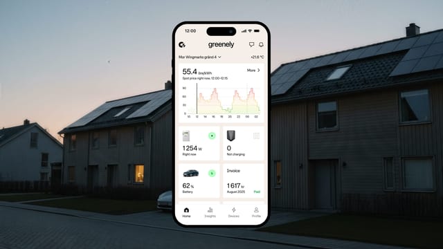 Greenely app showing energy optimization and 15-minute pricing