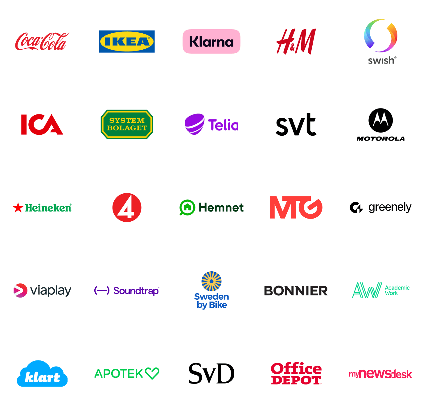 Customer logos including H&M, Klarna, Swish, and more